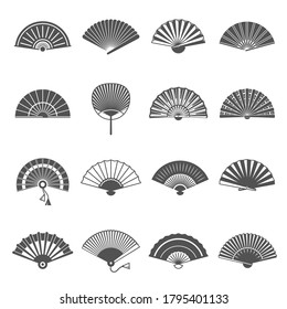 Handheld or hand fans rigid, foldable line and bold icons set isolated on white. Female decorations with tassels for cooling pictograms collection. Flabellum vector elements for infographic, web.