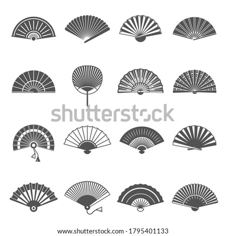 Handheld or hand fans rigid, foldable line and bold icons set isolated on white. Female decorations with tassels for cooling pictograms collection. Flabellum vector elements for infographic, web.