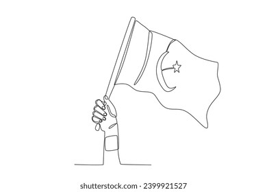 A hand-held high the flag. Pakistan Day one-line drawing