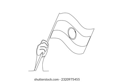 A hand-held a high the Indian flag. India independence day one-line drawing