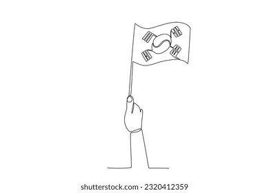 A hand-held high the Korean flag. National liberation day of Korea one-line drawing