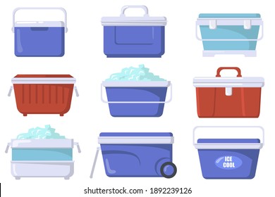 Handheld ice cooler boxes flat set for web design. Cartoon iceboxes and containers for picnic isolated vector illustration collection. Camping refrigerators and storage concept