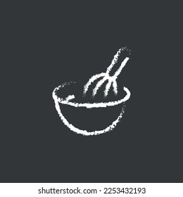 Handheld kitchen mixer and bowl linear chalk icon. Hand drawing effect. Vector isolated black illustration