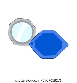 Lupa de mano con una apertura de la caja protectora azul, que muestra una superficie de lupa con reflejos, que representa el examen, el detalle y el control de calidad