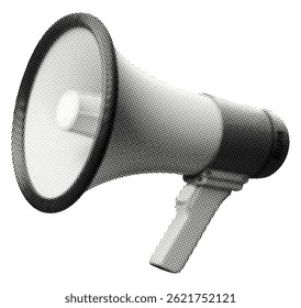 handheld megaphone isolated on white retro halftone grunge dotted cut-out collage element for mixed media communication public speaking announcement breaking news marketing advertising design