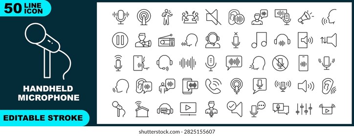 Handheld Microphone Line Icon Set - 50 Editable Icons - Microphone, Podcast, Audio, Voice, Speaker