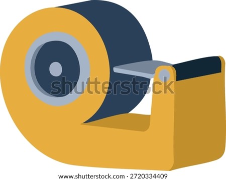A handheld packing tape dispenser with a blue hub and gold frame holding a wide roll of adhesive tape.