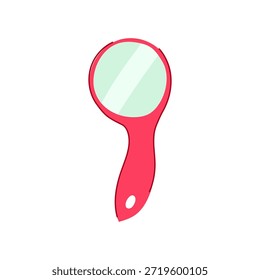 Handheld personal accessory featuring a red handle and a circular reflective surface, commonly used for grooming, makeup application, or examining details