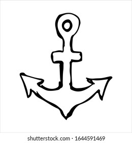 A hand-held picture of a anchor on the theme of sea travel. A sketch of the anchor painted with a pen. Vector eps illustration.