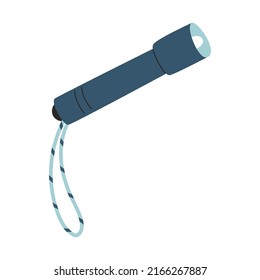 Linterna de bolsillo y manos con un cordón. Dispositivo de alumbrado doméstico. Equipo para el turismo, el camping, el viaje, el senderismo. Ilustración vectorial plana aislada en un fondo blanco.