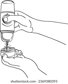 Handheld Portable Coffee Maker One Line Sketch Drawing, Man Making Espresso with Portable Espresso Maker, Portable Hand Espresso Coffee Maker Machine