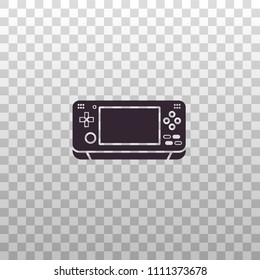 Handheld portable retro game console - black silhouette, sign, symbol, pictogram. Pocket gaming gadget - vector icon on isolated transparent background. 