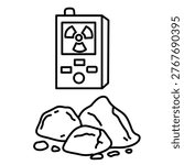 Handheld radiation detector placed next to scattered rough heavy rocks