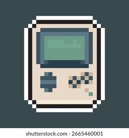handheld retro game console in pixel art style with isolated background and outline