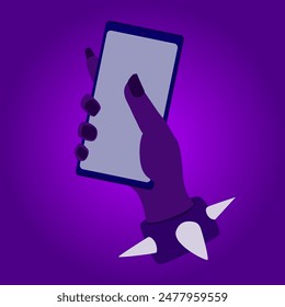 Un smartphone de mano con una pantalla vacía en una ilustración de dibujos animados púrpura, adecuado para carteles, promociones y anuncios. 