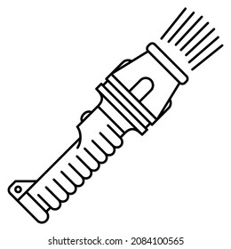 Handheld standalone flashlight with non-slip handle and powerful light. A tool for night search of a tourist, a security guard, a traveler outside. Vector icon, outline, isolated.  Editable stroke