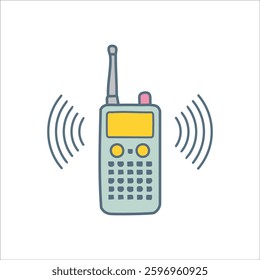Handheld two-way radio sending signal. Walkie talkie illustration with antenna and waves. Communication device