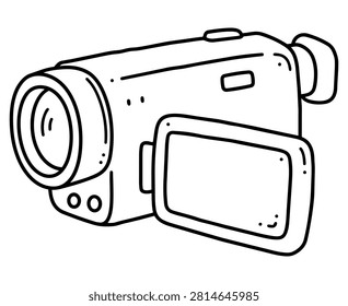 Handheld video camcorder with a large lens, flip-out screen and hand strap, drawn in bold black hand-drawn outline and isolated.