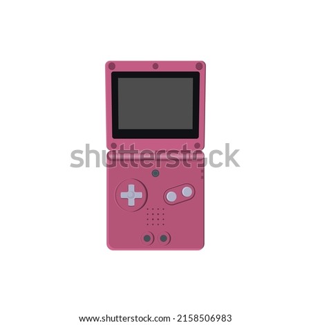 Handheld video game console from the 00s. Retro portable console in pink color. Classic old console. Isolated image vector on white background.