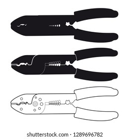 Hand-held wire stripper vector icon in black and white flat design. Symbol of manual device for wire electrical insulation.