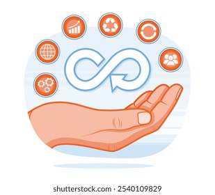 Hand-holding circular economy icon. Sustainable economic growth with renewable energy. Natural resources concept. Flat vector illustration.