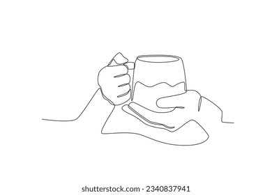 Hand-holding cup of cappuccino. International coffee day one-line drawing