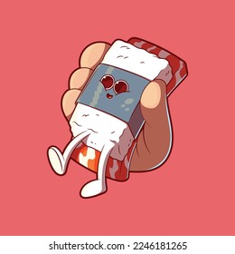 Hand-holding cute Sushi character vector illustration. Food, funny, brand design concept.