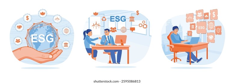 Hand-holding ESG icon. Environmental, social, and sustainable business. entrepreneurs analyze ESG data. Environmental and social governance with business. ESG concept. Set flat vector illustration.