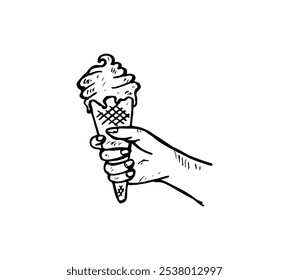 Hand-holding ice cream cone cartoon doodle illustration drawing.
