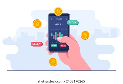 Hand-holding mobile phone with financial app on screen to buy or sell shares of stock market, Profit from currency exchange services, Bitcoin, Investment concept, Cryptocurrency trading strategy