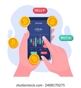 Hand-holding mobile phone with financial app on screen to buy or sell shares of stock market, Profit from currency exchange services, Bitcoin, Investment concept, Cryptocurrency trading strategy