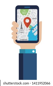 Hand-holding mobile phone with map application ( Tokyo city ) flat illustration
