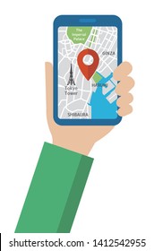 Hand-holding mobile phone with map application ( Tokyo city ) flat illustration