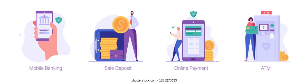 Handholding Phone, Logs Into The Mobile Bank, Man Keeps Coins In Safe, Guy Pays Bills Online, Woman Uses An ATM. Set Of Mobile Banking, Safe Deposit, Online Payment, ATM. Vector Illustration In Flat