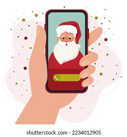 Hand-holding smartphone with Santa Profile Frame. Video call Santa Claus, chatting online by mobile app. Vector illustration in flat style