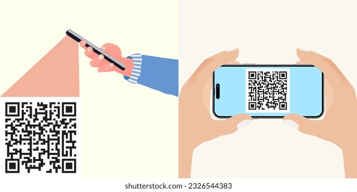 Hand-holding smartphone and scanning QR code for payment. QR code verification banner. Verification concept for online shopping, shopping special offer promotion and marketing via smartphone. Vector.