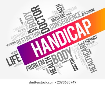 Handicap - a circumstance that makes progress or success difficult, disadvantage that makes achievement unusually difficult, word cloud concept background
