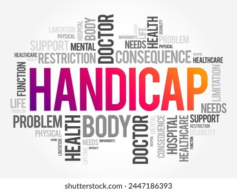 Handicap - a circumstance that makes progress or success difficult, disadvantage that makes achievement unusually difficult, word cloud concept background