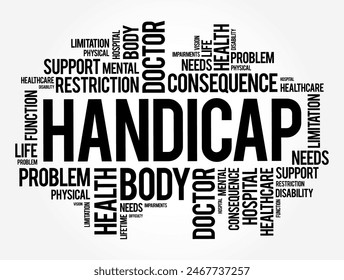 Handicap - a circumstance that makes progress or success difficult, disadvantage that makes achievement unusually difficult, word cloud concept background