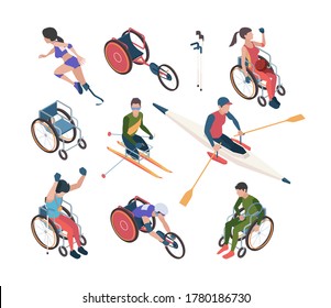 Juegos de Handicap. Personas con discapacidad atlética en personajes isométricos vectores de celebración deportiva