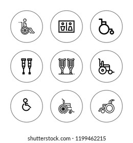 Handicap icon set. collection of 9 outline handicap icons with crutches, handicap, wc icons. editable icons.