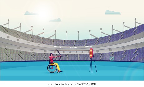 Handicap Man Taking Aim from Bow Arrow in Dartboard on Stadium Background.