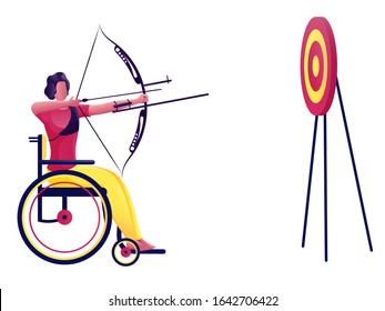 Handicap Man Taking Aim From Bow Arrow in Dartboard on White Background.