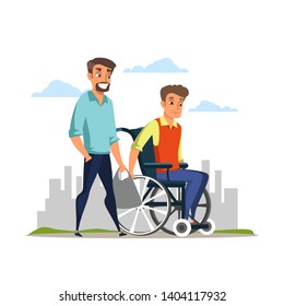 Handicap nursing, help flat vector illustration. Young man and disabled brother in wheelchair cartoon characters. Caregiver, family moral support. Disability rehabilitation, invalid people assistance