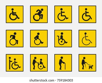 handicap sign set, disabled people icons