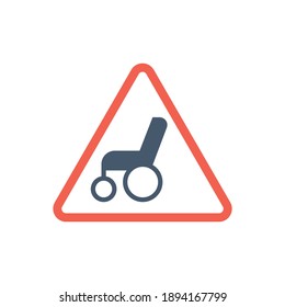 Handicap And Triangle Illustration,  Wheelchair Disability Sign, Warning sign with disabled people symbol  in solid black flat shape glyph icon, isolated on white background