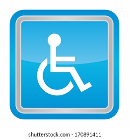 Handicap or wheelchair person (glossy rounded button with metallic frame, blue version)