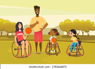 Handicapped adult and girl in wheelchairs playing baseball and have fun. African american man referee coaching young sportsmen s. Medical rehabilitation concept. Vector Illustration.