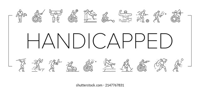 Handicapped Athlete Sport Game Icons Set Vector. Basketball And Volleyball Playing Handicapped Athlete, Sportsman Swimming And Running, Play Tennis And Soccer Black Contour Illustrations