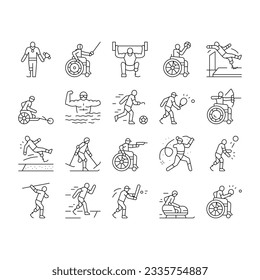 Handicapped Athlete Sport Game Icons Set Vector. Basketball And Volleyball Playing Handicapped Athlete, Sportsman Swimming And Running, Play Tennis And Soccer Black Contour Illustrations